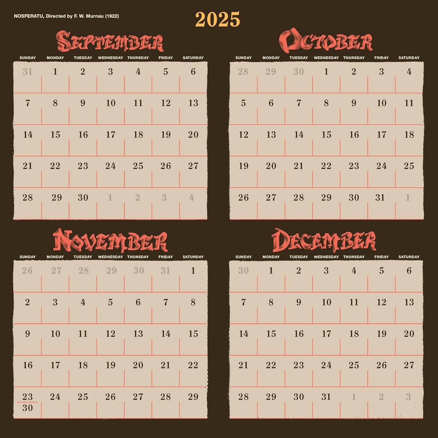 Classic Horror Movies 2026 Wall Calendar