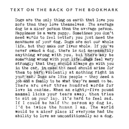 Text on the back of a bookmark about dogs and human relationships