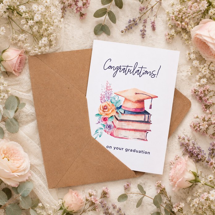 Graduation card with 'Congratulations!' text and floral design, placed on a bed of flowers.
