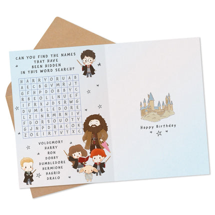 Harry Potter-themed birthday card with word search and illustrations of characters.