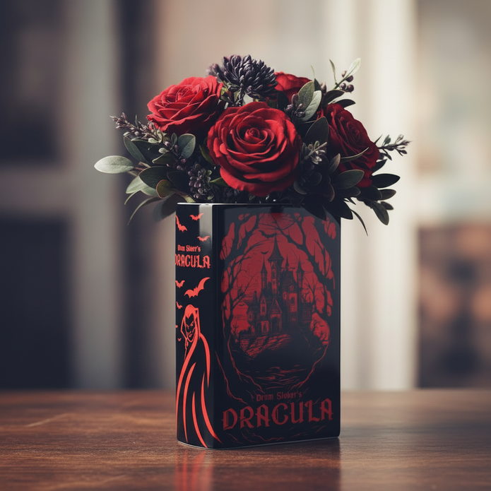 A ceramic book shaped vase printed with red Dracula artwork and topped with a bouquet of deep red roses and dark green foliage, displayed on a wooden surface against a softly blurred indoor background.