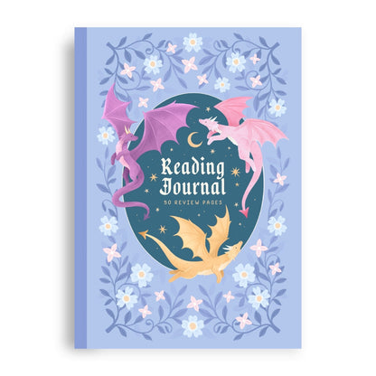 Reading journal cover with dragons and floral design on a light blue background