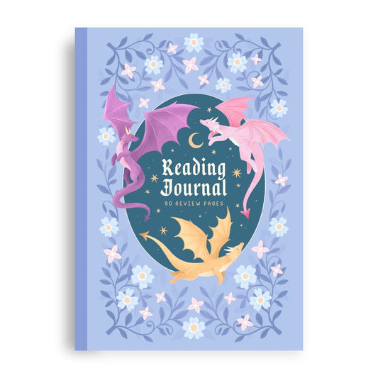 Reading journal cover with dragons and floral design on a light blue background