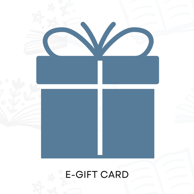 Blue gift box icon with a bow on a white background, labeled 'E-Gift Card'.