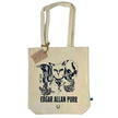 Beige tote bag with a cat and bird design and 'Edgar Allan Purr' text on a white surface