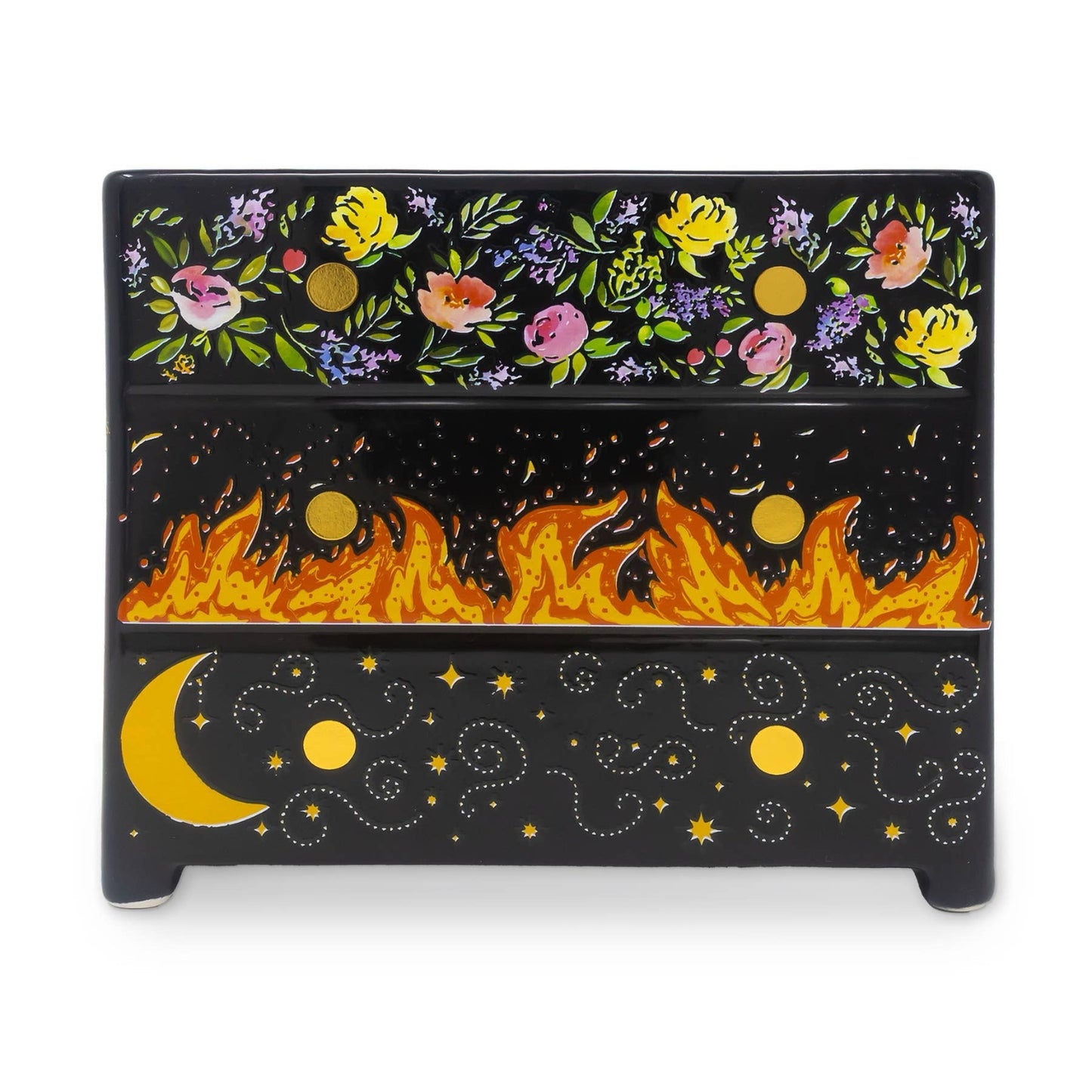 Decorative vase with floral top, fiery middle, and celestial bottom design on a white background.