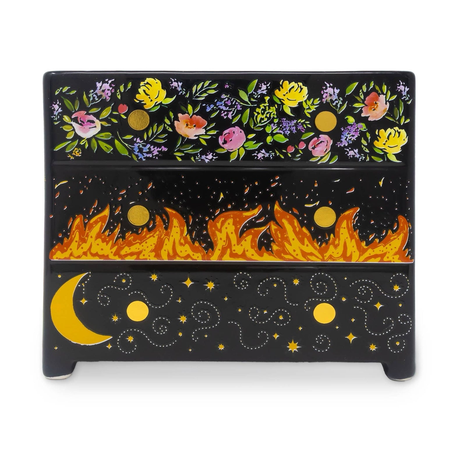 Decorative vase with floral top, fiery middle, and celestial bottom design on a white background.