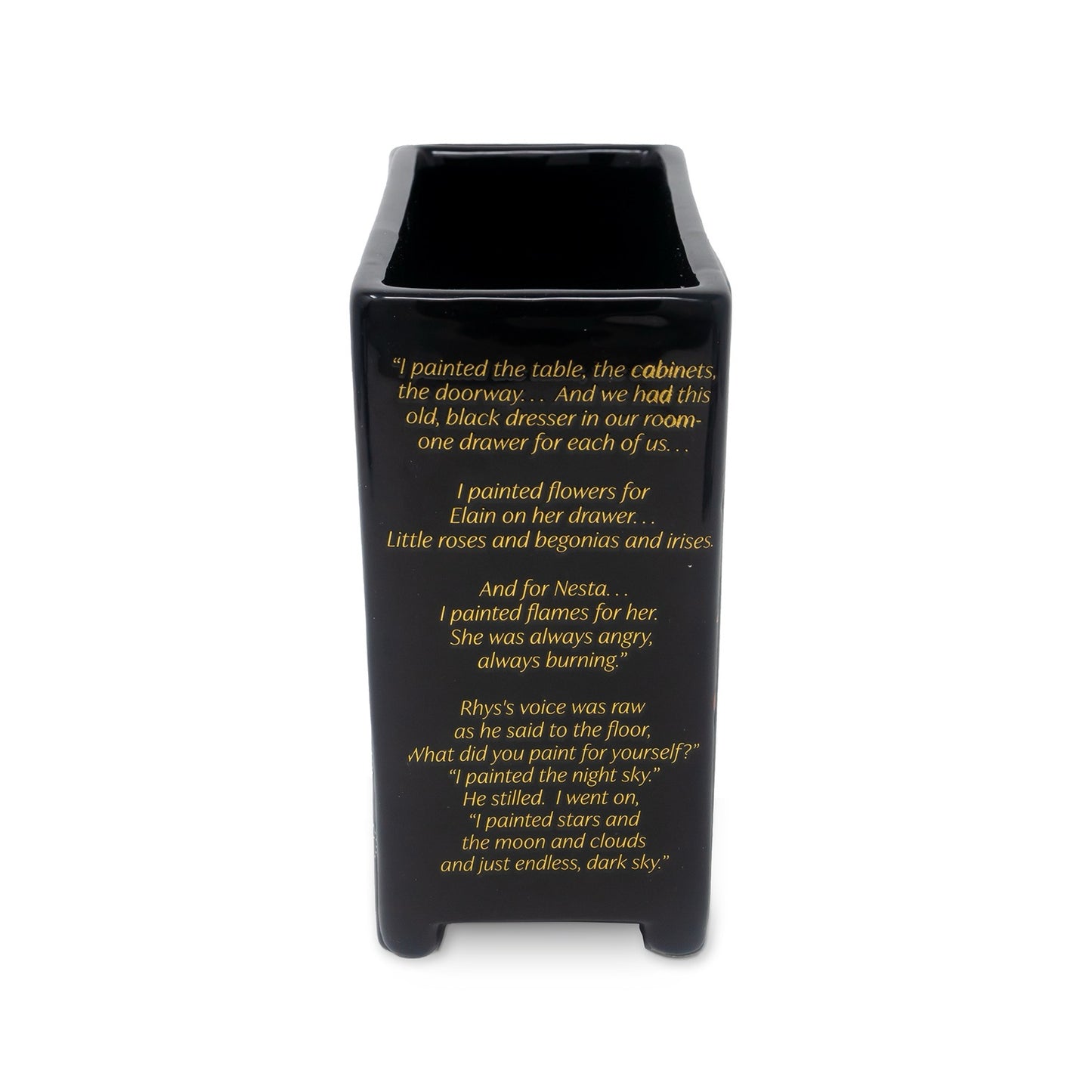 Black vase with gold text on a white background