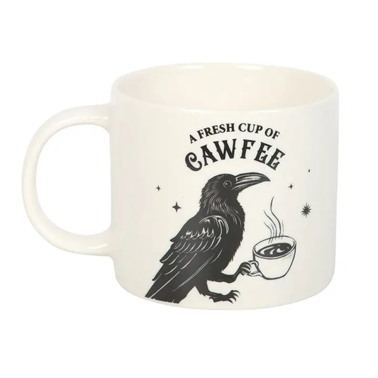 Mug with a design of a raven holding a coffee cup and text 'A Fresh Cup of Cawfee' on a white background.