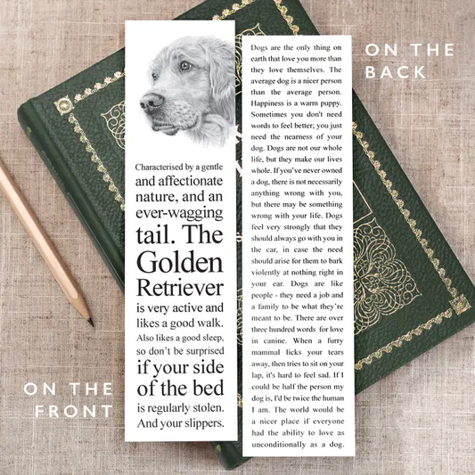 Book with a bookmark featuring a dog illustration and text on a textured surface