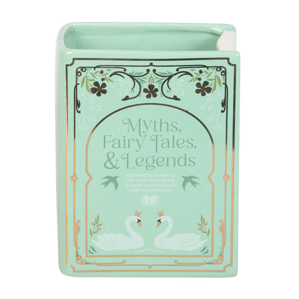 Mint green box with 'Myths, Fairy Tales, & Legends' text and swan illustrations on a white background