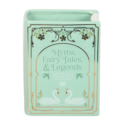 Mint green box with 'Myths, Fairy Tales, & Legends' text and swan illustrations on a white background
