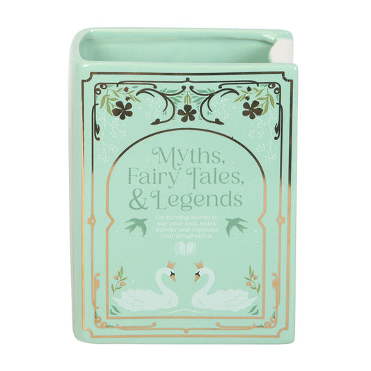 Mint green box with 'Myths, Fairy Tales, & Legends' text and swan illustrations on a white background