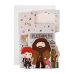 Decorative card with cartoon characters and 'Platform 9%' sign on a white background