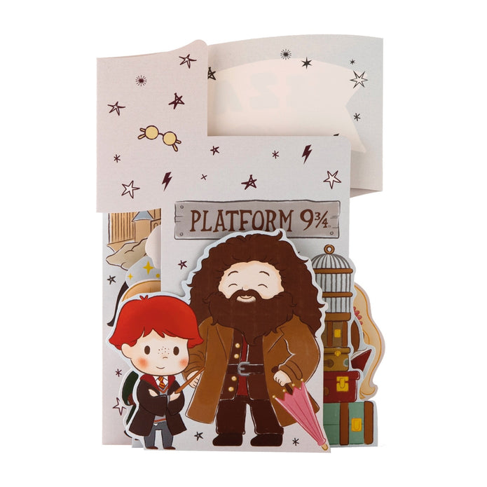 Decorative card with cartoon characters and 'Platform 9 3/4' sign on a white background