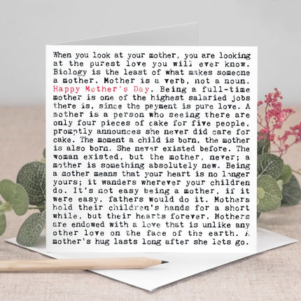 Mother's Day card with a heartfelt message on a light background with decorative elements.