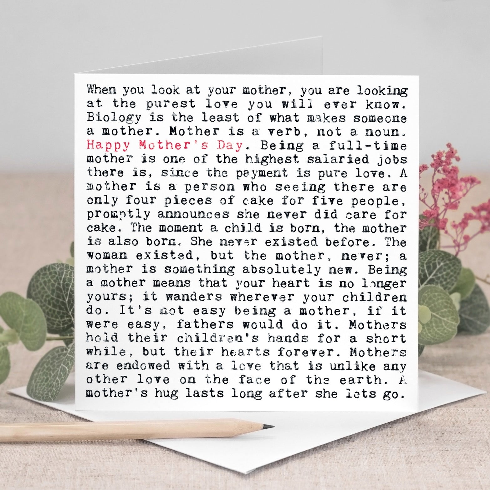 Mother's Day card with a heartfelt message on a light background with decorative elements.