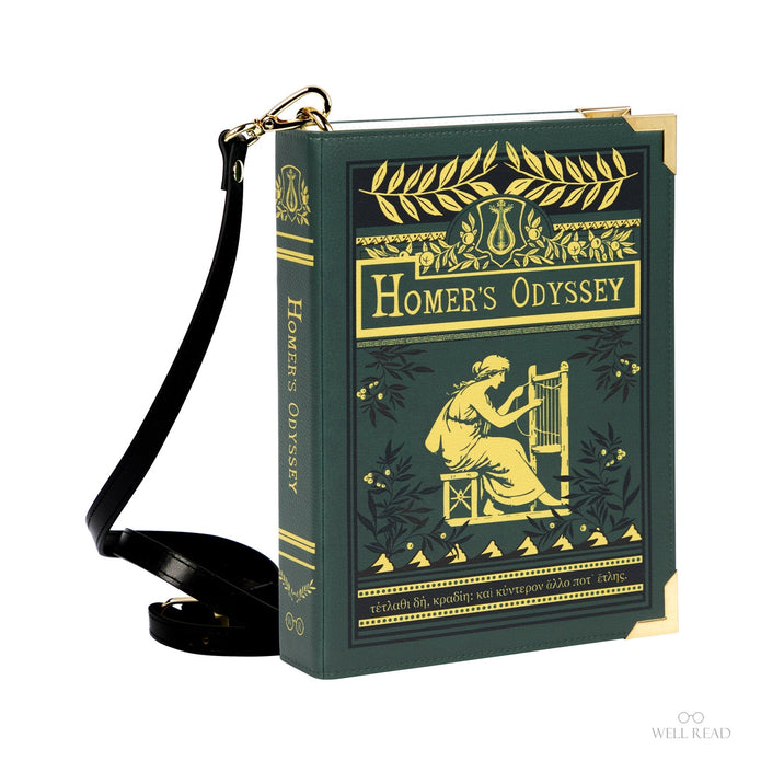 Book-shaped bag with 'Homer's Odyssey' design on a white background
