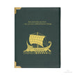 A dark green faux-leather book cover with gold accents, featuring a Viking longship illustration and the quote 'Bear patiently, my heart - for you have suffered heavier things.' on a white background.