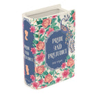 Floral design book-shaped container with 'Pride and Prejudice' text on a white background