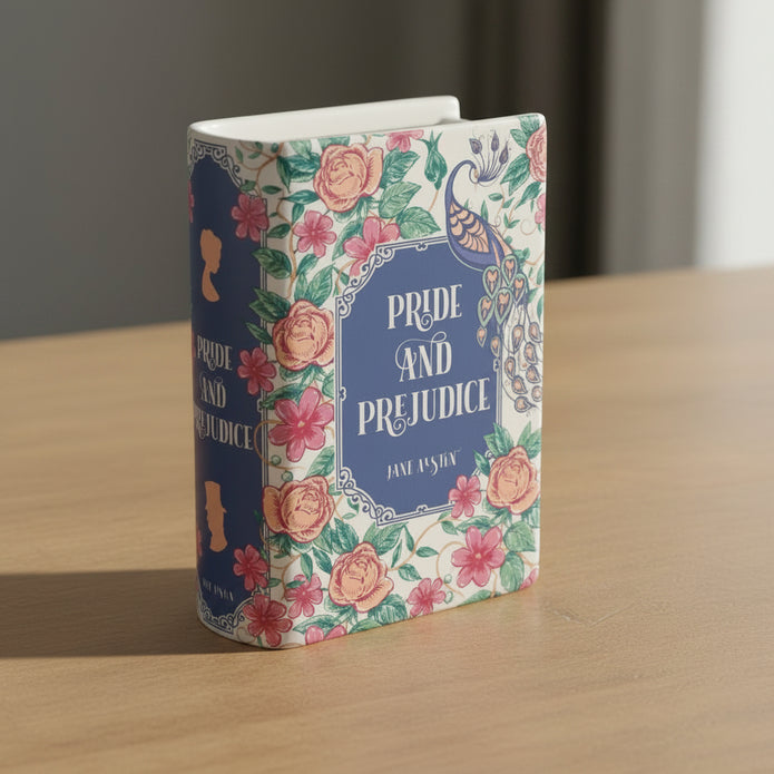 Floral design book-shaped container with 'Pride and Prejudice' text on a tabletop