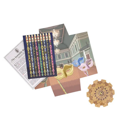 Decorative set with masks, a box, and a wooden disc on a white background