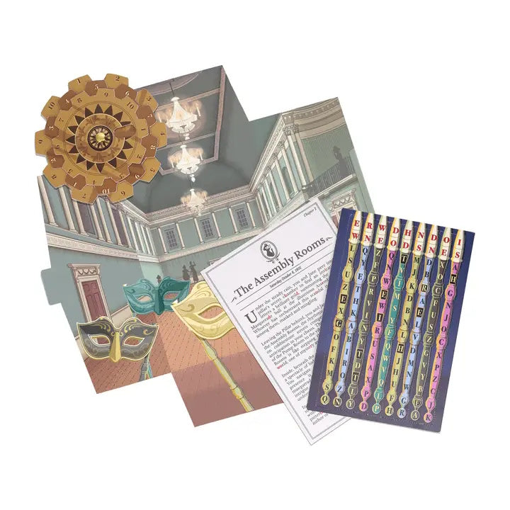 Decorative set with a model of a building, masks, and alphabet cards on a white background