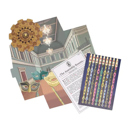 Decorative set with a model of a building, masks, and alphabet cards on a white background