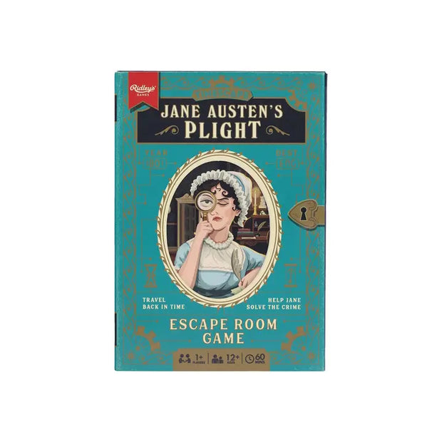 Box of 'Jane Austen's Plight' escape room game with a vintage design.