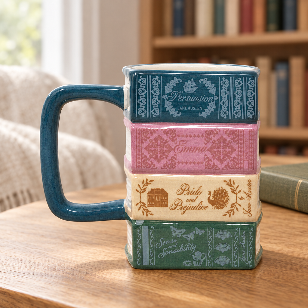 Jane Austen stacked-books mug in a softly lit reading nook
