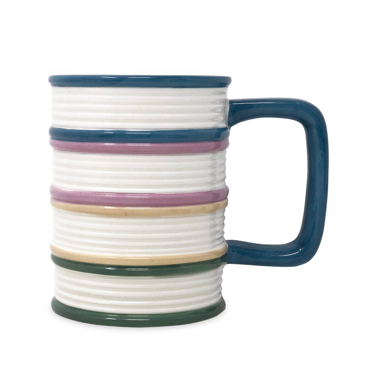 A ceramic mug with a ribbed design, featuring a dark blue handle and rim, accented with horizontal stripes of blue, pink, beige, and green on a white background.