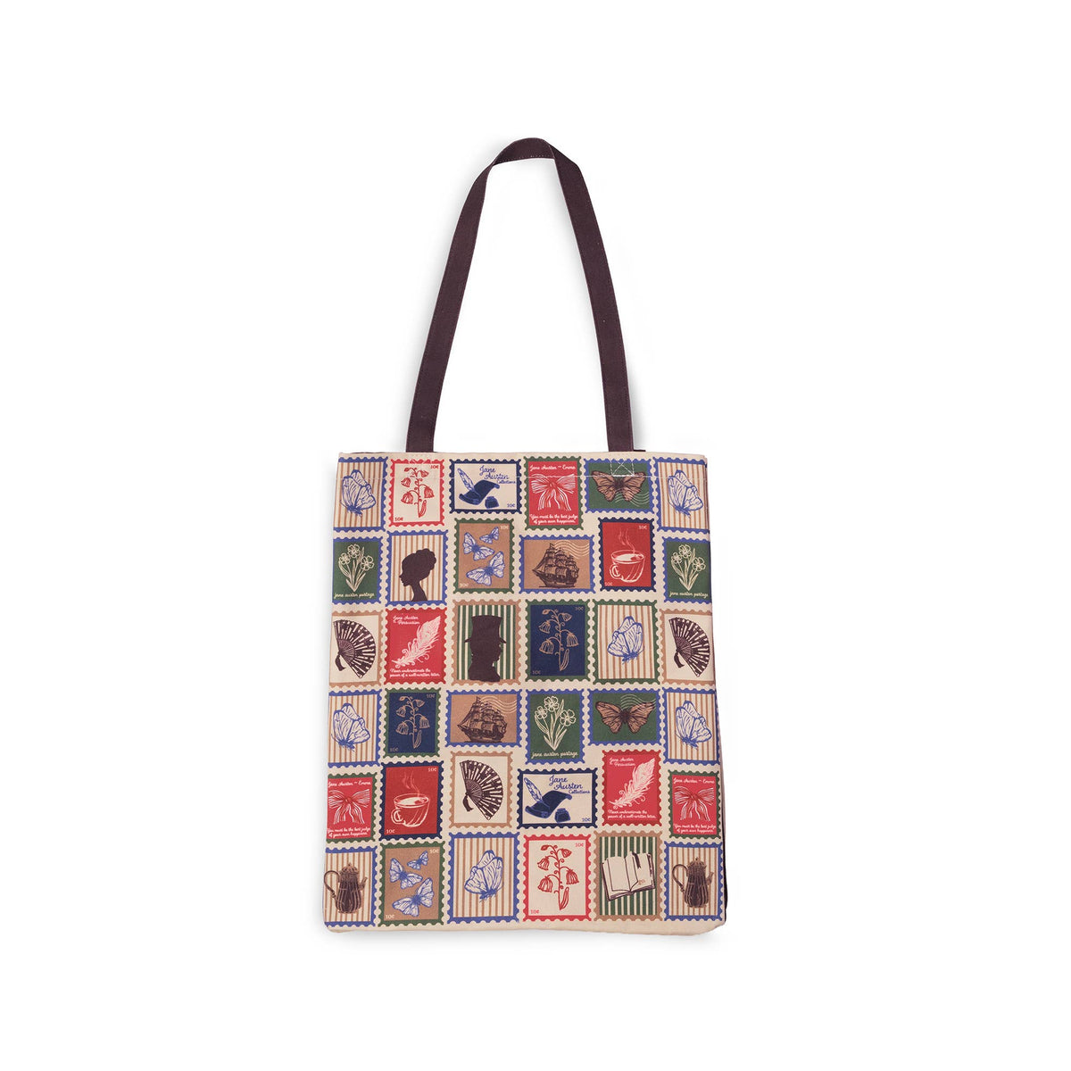 A canvas tote bag with dark brown shoulder straps, featuring a colorful patchwork print of vintage-style illustrated stamps in red, blue, green, and beige, shown against a plain white background.