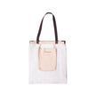 A white canvas tote bag with dark brown shoulder straps and a beige front pocket featuring the text 'lately fun'.