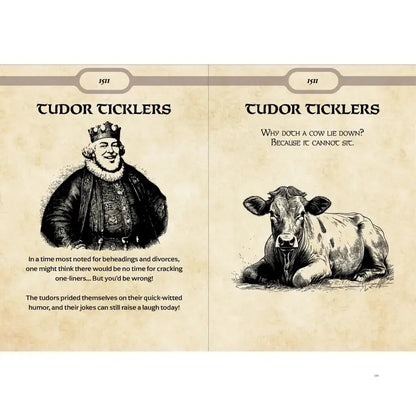 Booklet with illustrations of a Tudor figure and a cow, titled 'Tudor Ticklers'.