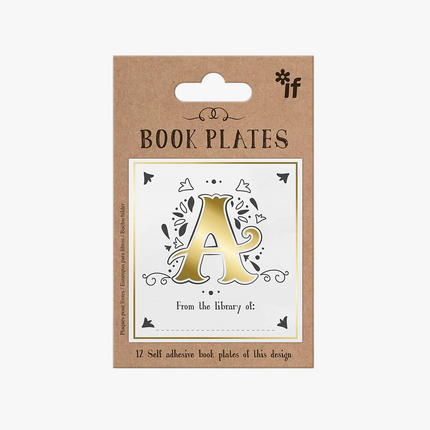 Pack of book plates with gold letter 'A' design on a brown card.