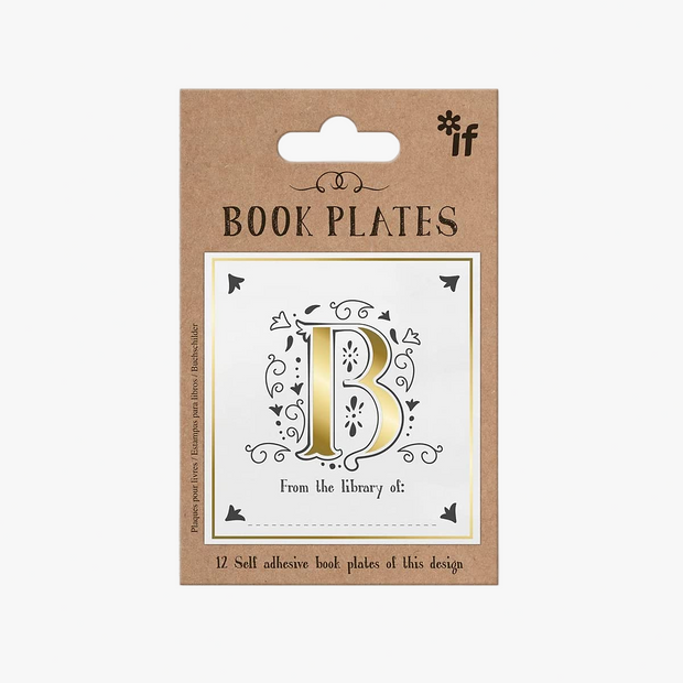 Packaging of book plates with a decorative 'B' design on a white background