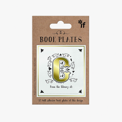 Packaging of book plates with a decorative 'C' design on a white background