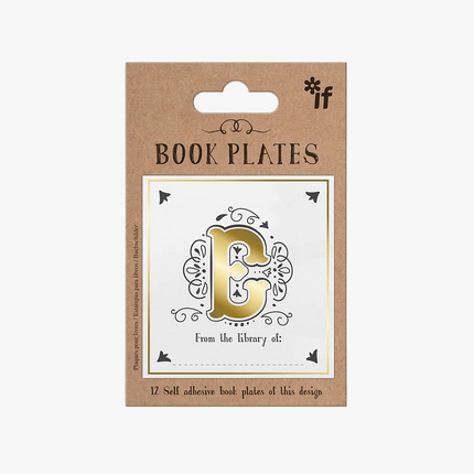 Packaging of book plates with a decorative 'E' design on a white background