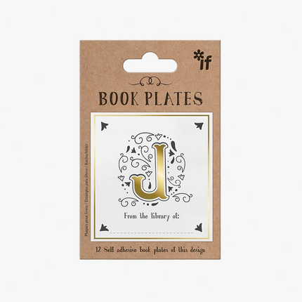 Packaging of book plates with a decorative 'J' design on a white background