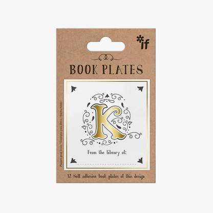 Packaging of book plates with a decorative 'K' design on a white background