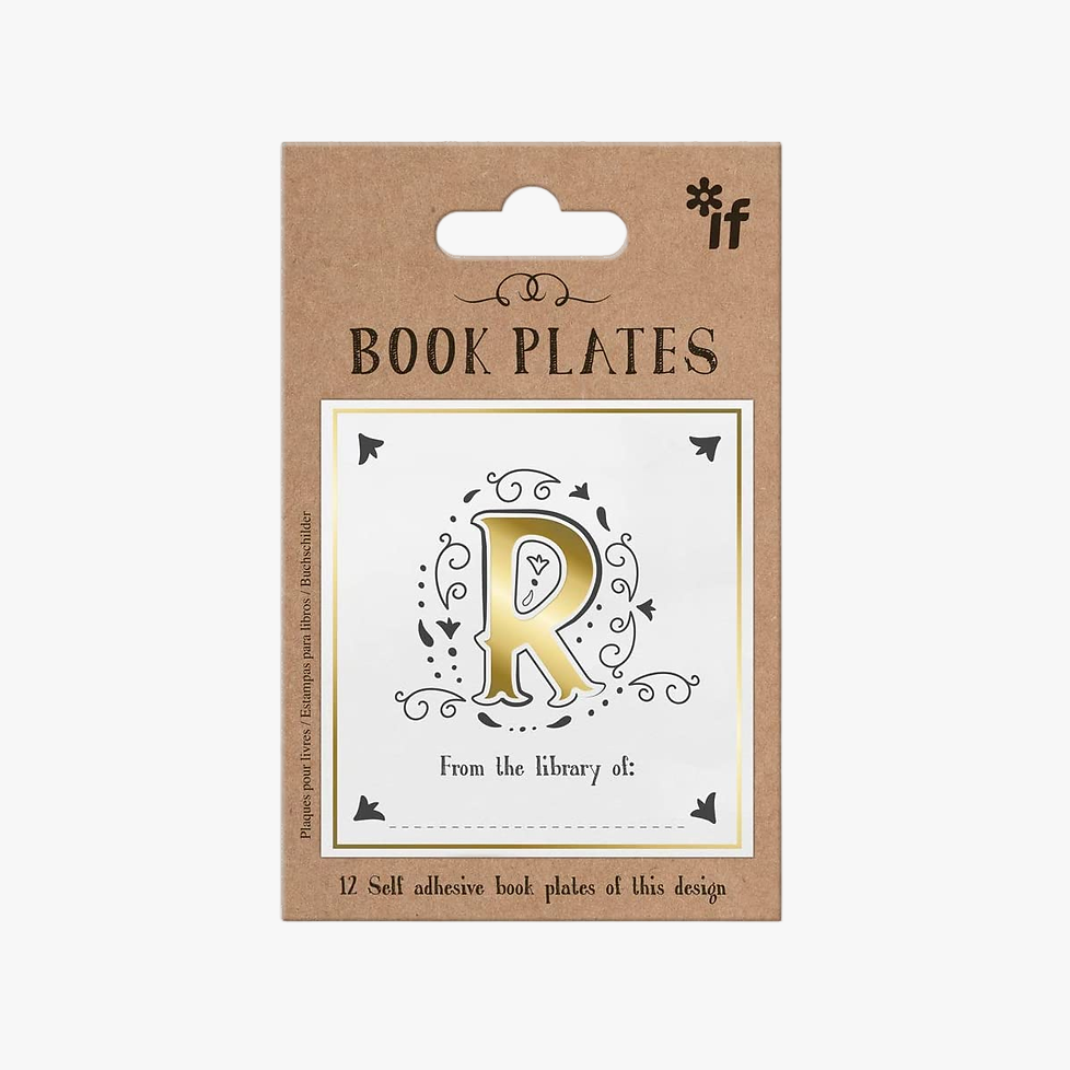 Packaging of book plates with a decorative letter 'R' design on a white background