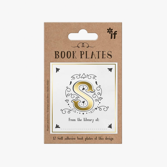 Packaging of book plates with a decorative 'S' design on a white background