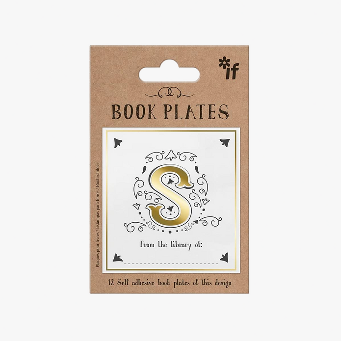 Packaging of book plates with a decorative 'S' design on a white background