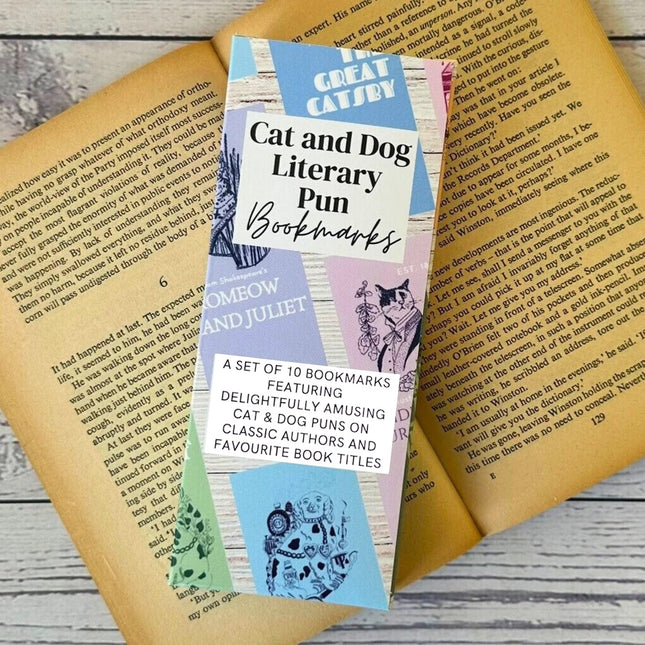 Literary Pun Cat and Dog Bookmarks - Set of 10