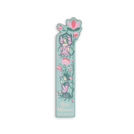 Decorative bookmark with illustrations and 'Little Women' text on a light blue background