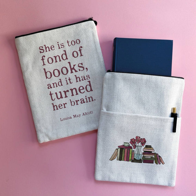 Two pouches on a pink background, one with text and the other with a book illustration.