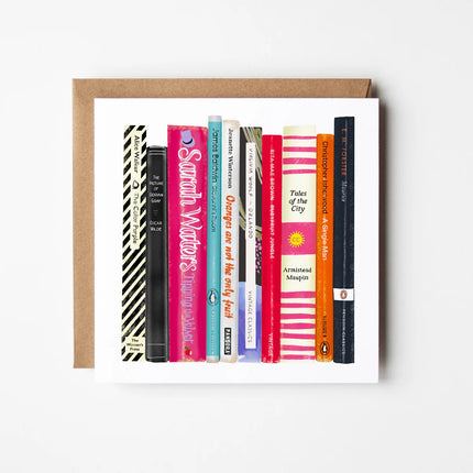 Card with images of books on a white background