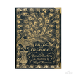 A hardcover book of 'Pride and Prejudice' featuring an ornate gold peacock illustration and lettering on a dark navy blue cover, with gold corner protectors, shown against a plain white background.