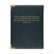 A dark navy blue faux-leather journal with gold metal corner protectors and gold-foiled text on the front cover, shown against a plain white background.