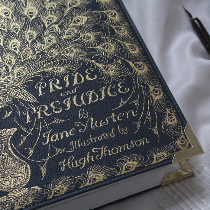 Decorative book cover of 'Pride and Prejudice' by Jane Austen with gold peacock feather design.